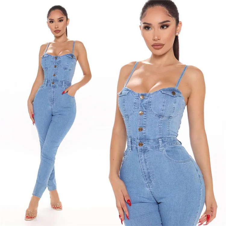 

Leisure summer girls vest sleeveless backless nightclub bodycon light blue jean jumpsuit