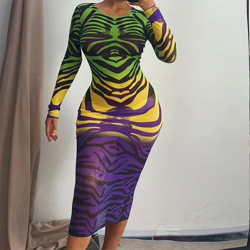 

Fall Collections Lady Zebra Pattern Mesh Midi Dress Round Neck See Through Dresses, Picture show