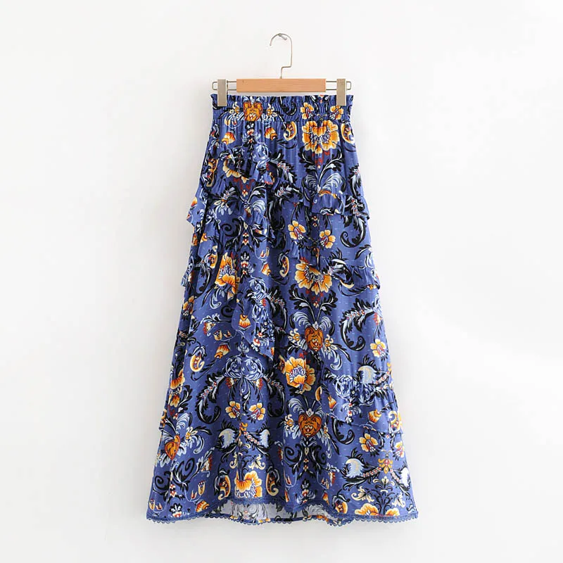 

QZ83129 New Design 2020 Beatiful Floral Print Ruffles Midi Skirt Bohemian Skirts Women Boho saias jupe