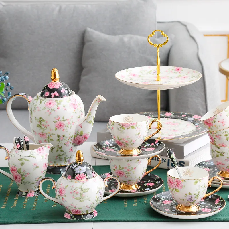 

European 15pcs Porcelain Ceramic Vintage Tea Cup, Tea Kettle, Coffee Teapot and Tea Coffee Cup and Saucer Set, Pink