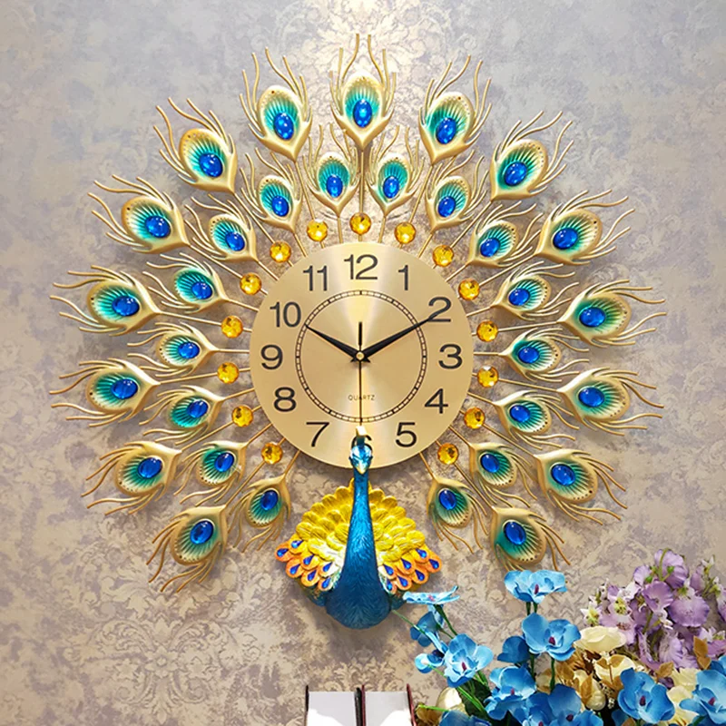 

odm/odm JJT Handmade Peacock decorative wall clock metal iron Luxury wall clock for hotel and livngroom horloge murale, As photo show
