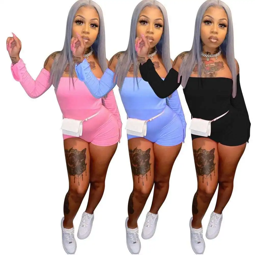 

Summer 2021 New Arrivals Long Sleeve Romper Off Shoulder Jumpsuit Solid Color Short One Piece Jumpsuit For Women, 3colors