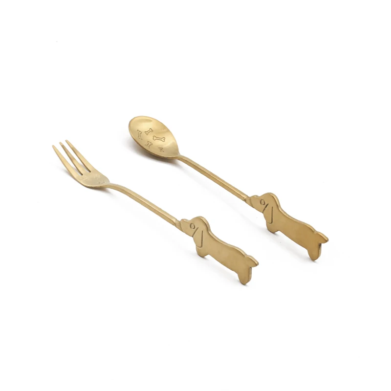

Wholesale Creative Design Lovely Dog and Elephant Fruit Dessert Coffee Stainless Steel Gold Fork and Spoon, Silver/gold