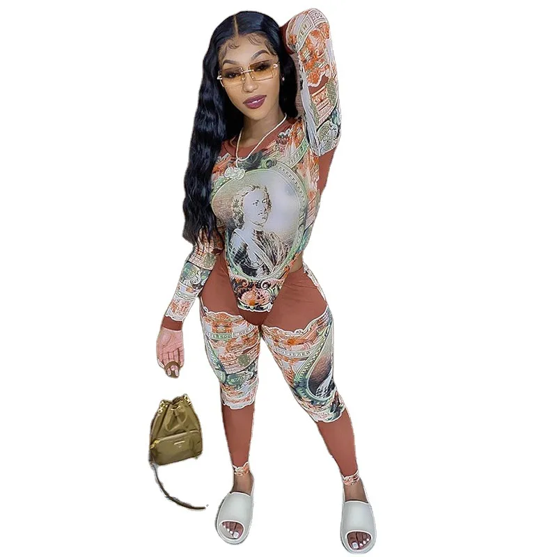 

2021 Autumn Winter New Women's Printed One Piece Jumpsuit Top Trousers Two Piece Pants Set