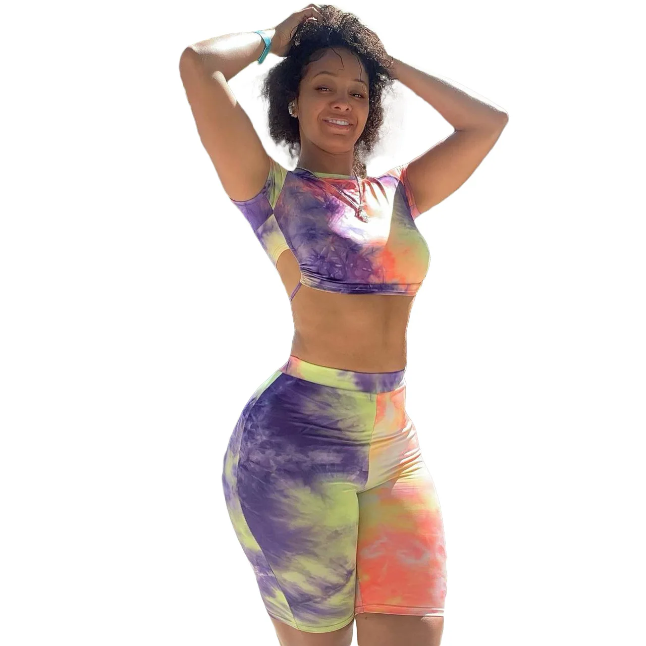 

Hot Sale Bodycon Sexy Short Sleeve Crop Top Cut Out Backless Tie Dye Casual Summer Two Piece Short Sets Women 2021, Picture