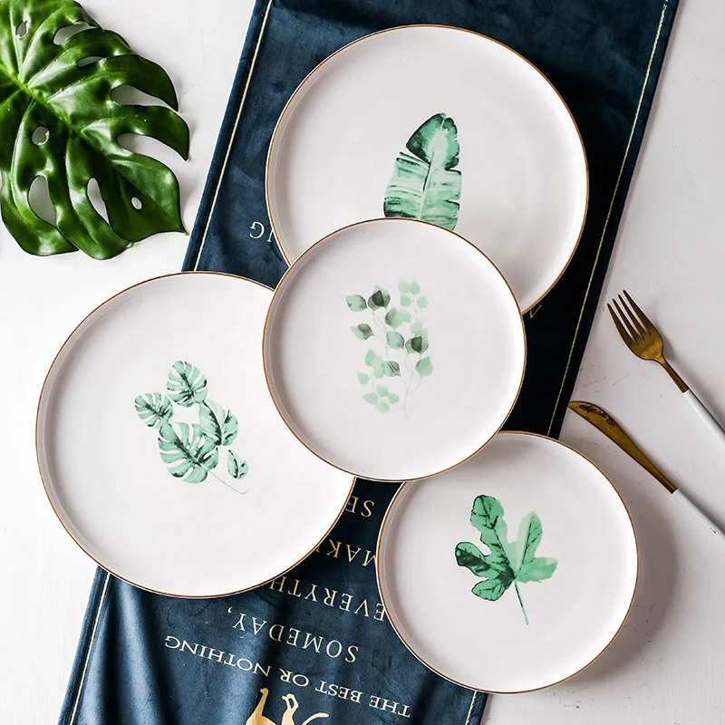 

New Design Custom Porcelain Dinner Plates With Logo Plant Pattern Ceramic Dinnerware Set Dinner Set Dinnerware