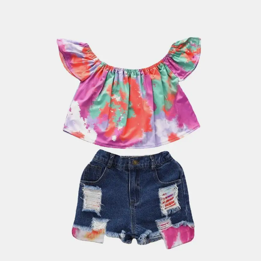 

Q107073 7color children tie-dyed shirts & ripped short jeans Short sleeves baby girls' summer clothing sets kids cotton suits, As picture