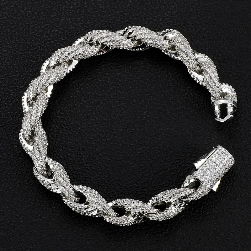 

Hip Hop 10MM Icy Diamond Rope Chain Bracelet Gold Plated Twist Bracelet Jewelry Men's Bling CZ Iced Out Rope Bracelet