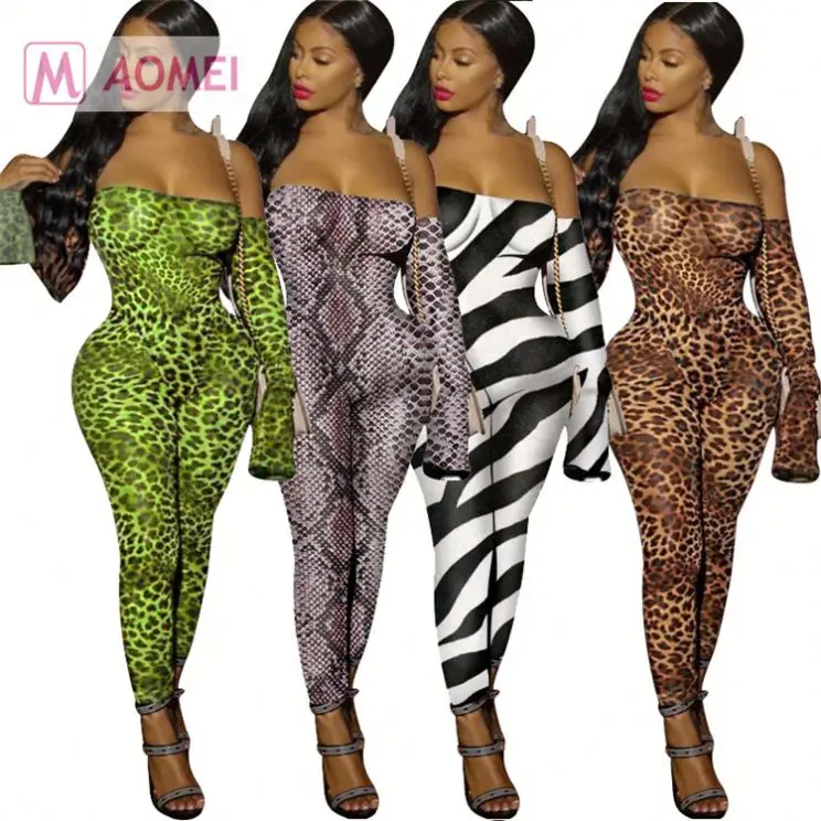 M0027 wholesale new off the shoulder long sleeve leopard print Bodysuit night clubwear women sexy jumpsuits and rompers