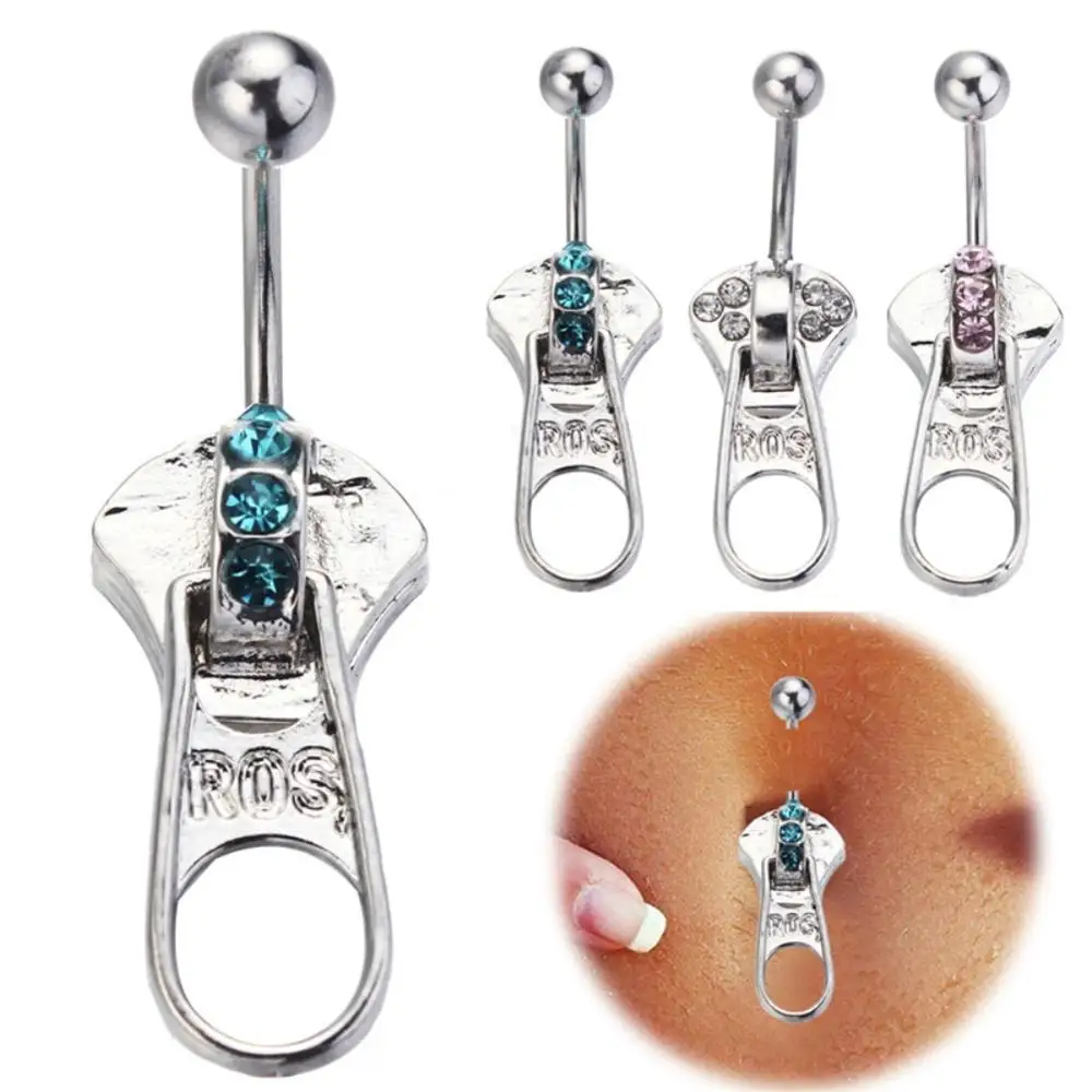 

Wish Hotsale Punk Jewelry Stainless Steel Zipper Belly Button Ring Trendy Body Piercing Blue Cubic Zircon Zipper Navel Ring, Picture