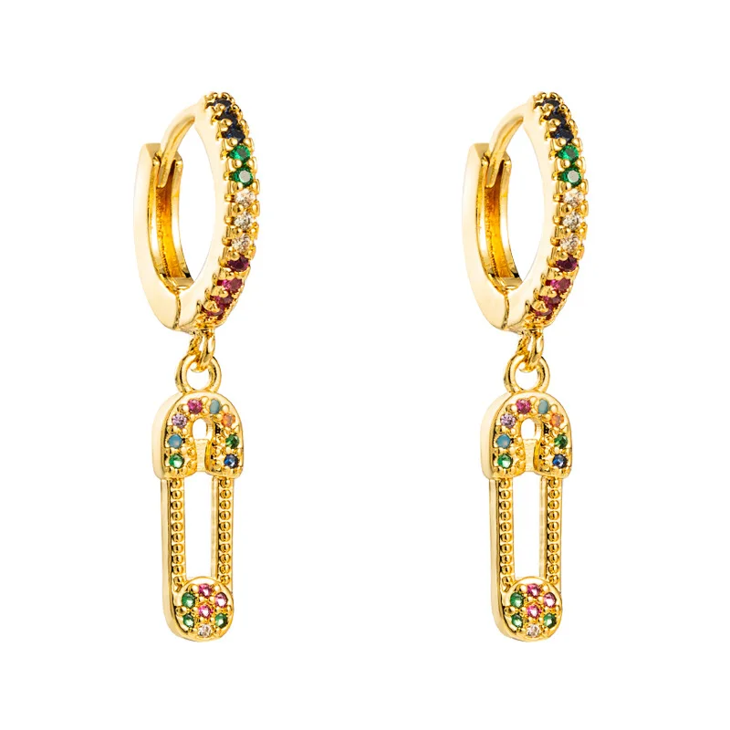 

18K gold plating Copper Sparking Bling Full Micro Pave CZ Unique Paperclip Safety Pin Earrings