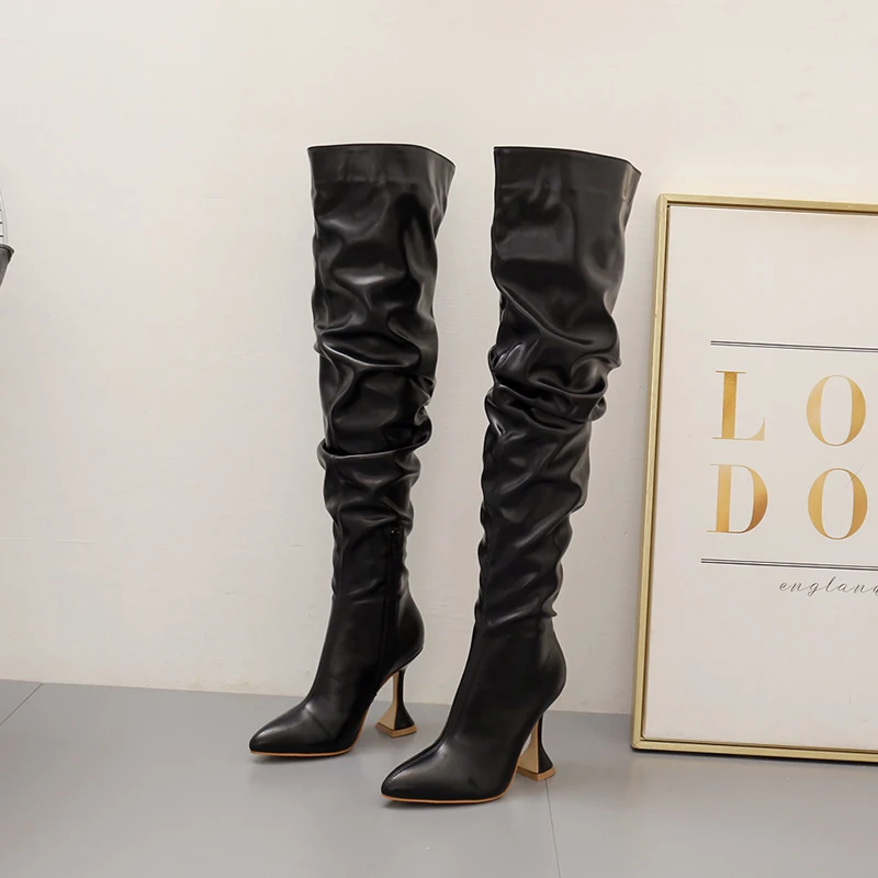 

Droshipping Wholesale custom winter boots pointed toe stiletto boots women black thigh high boots, White, black