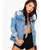 

female leisure Blue custom logo loose long sleeve big hole denim top jean jacket women