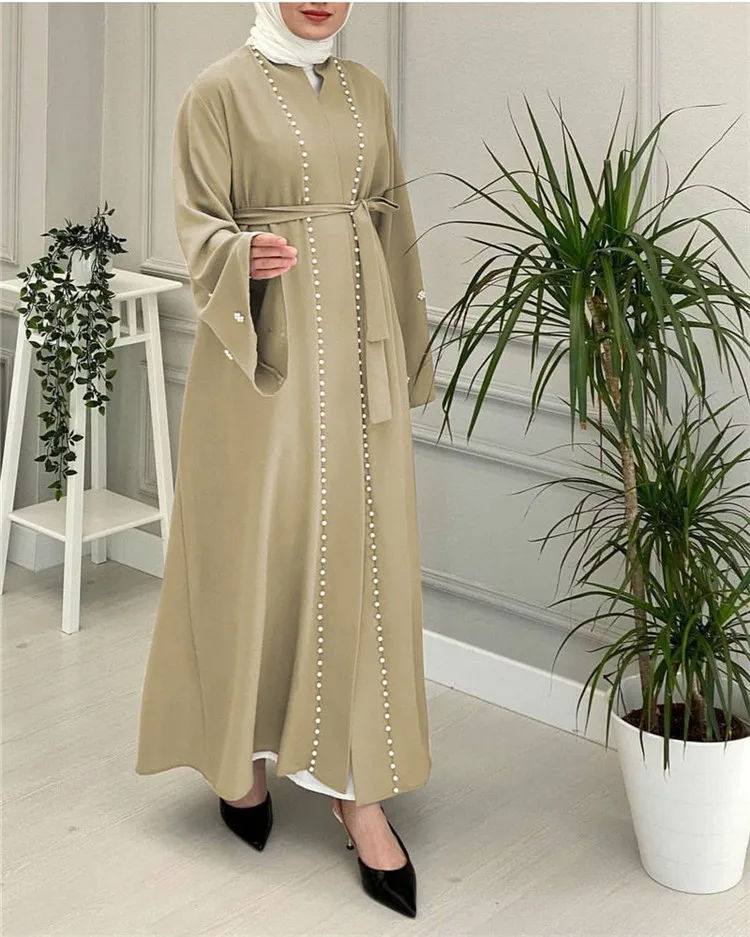 

Solid Color Pearls Design Islamic Robe Open Abaya Dubai Muslim Summer Abaya For Woman