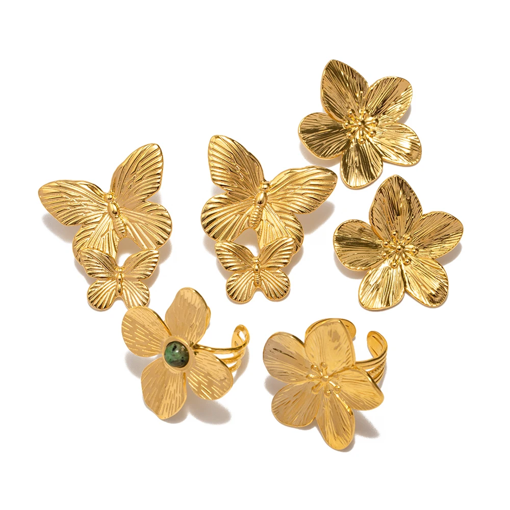 

New Trendy Stainless Steel Jewelry Butterfly Stud Earring Charm 18K Gold Plated Flower Turquoise Opening Rings