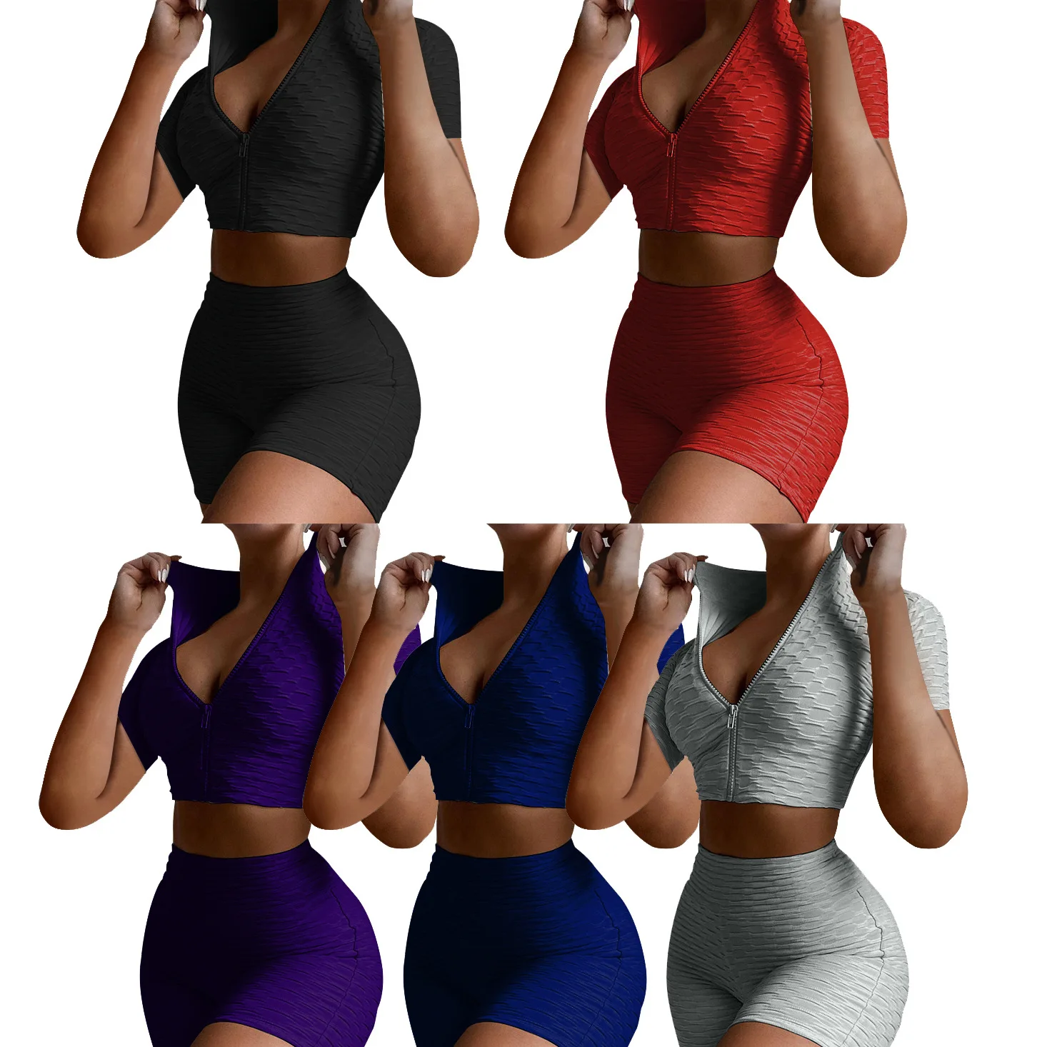 

Summer solid color zipper sweatshirt yoga 2 piece short set summer two piece outfits for women sexy two piece sets women, Picture color