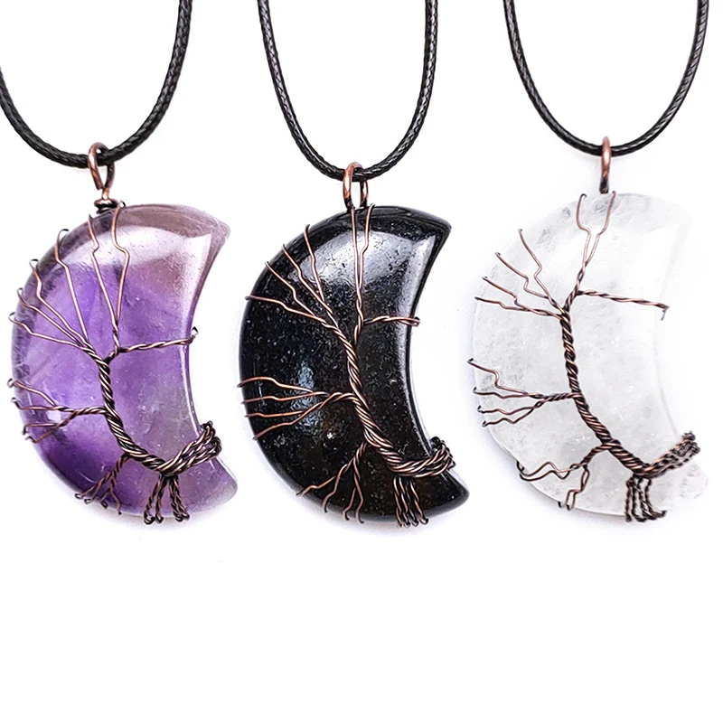 

wholesale Crystal beautiful Amethyst moon shape tree of life pendant necklace for gifts