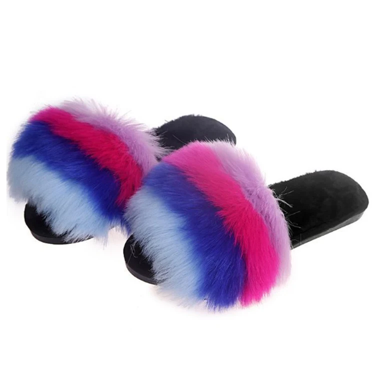 

Wholesale Attractive Design Colorful Furry Fluffy Outdoor or Bedroom Slides Slippers For Ladies