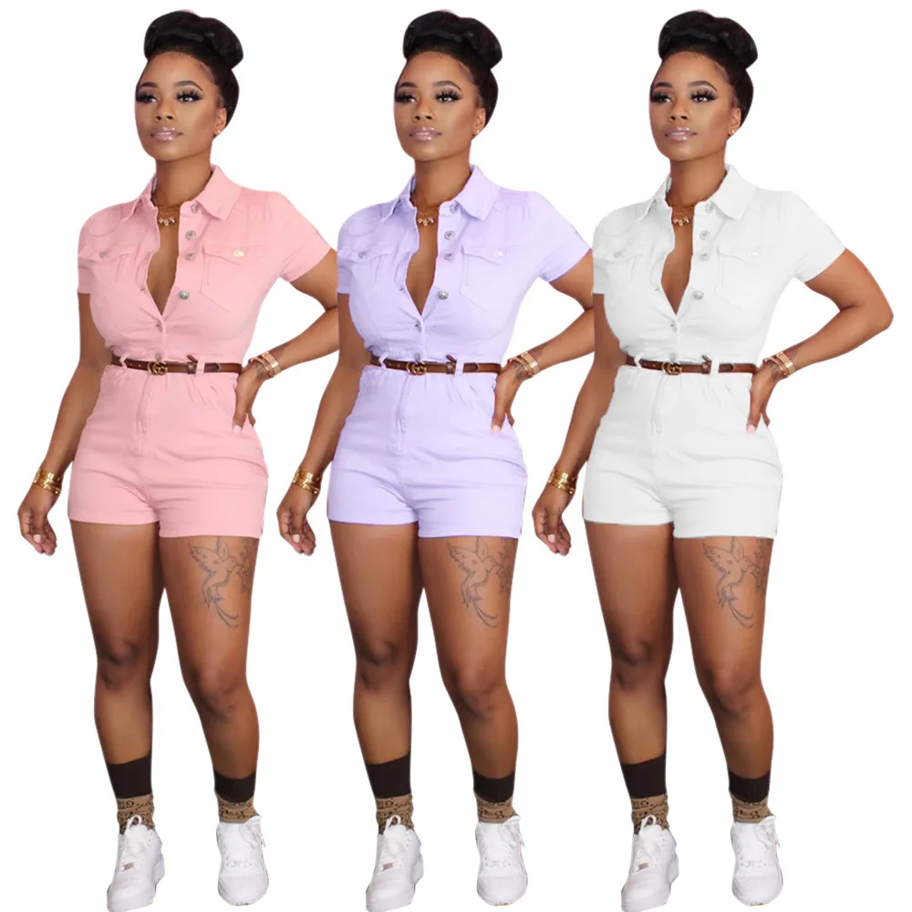 

Wholesale Summer Solid Color Short Sleeve Buttons Slim Thin Lapel With Pocket Shorts Women's Jumpsuits And Rompers, Shown