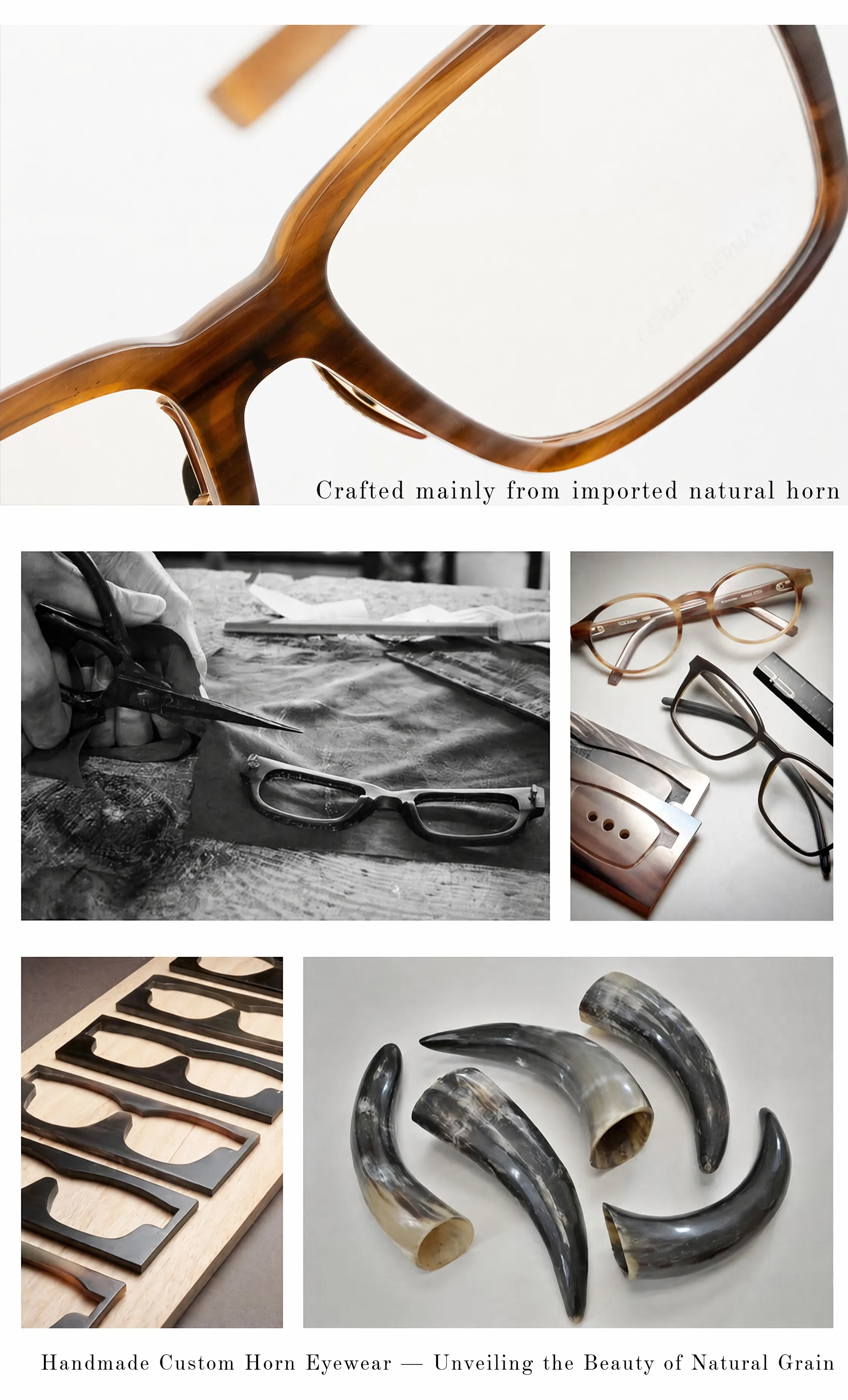 Handmade custom water buffalo horn eyewear frames cut from natural horn, showing the beauty of natural grain