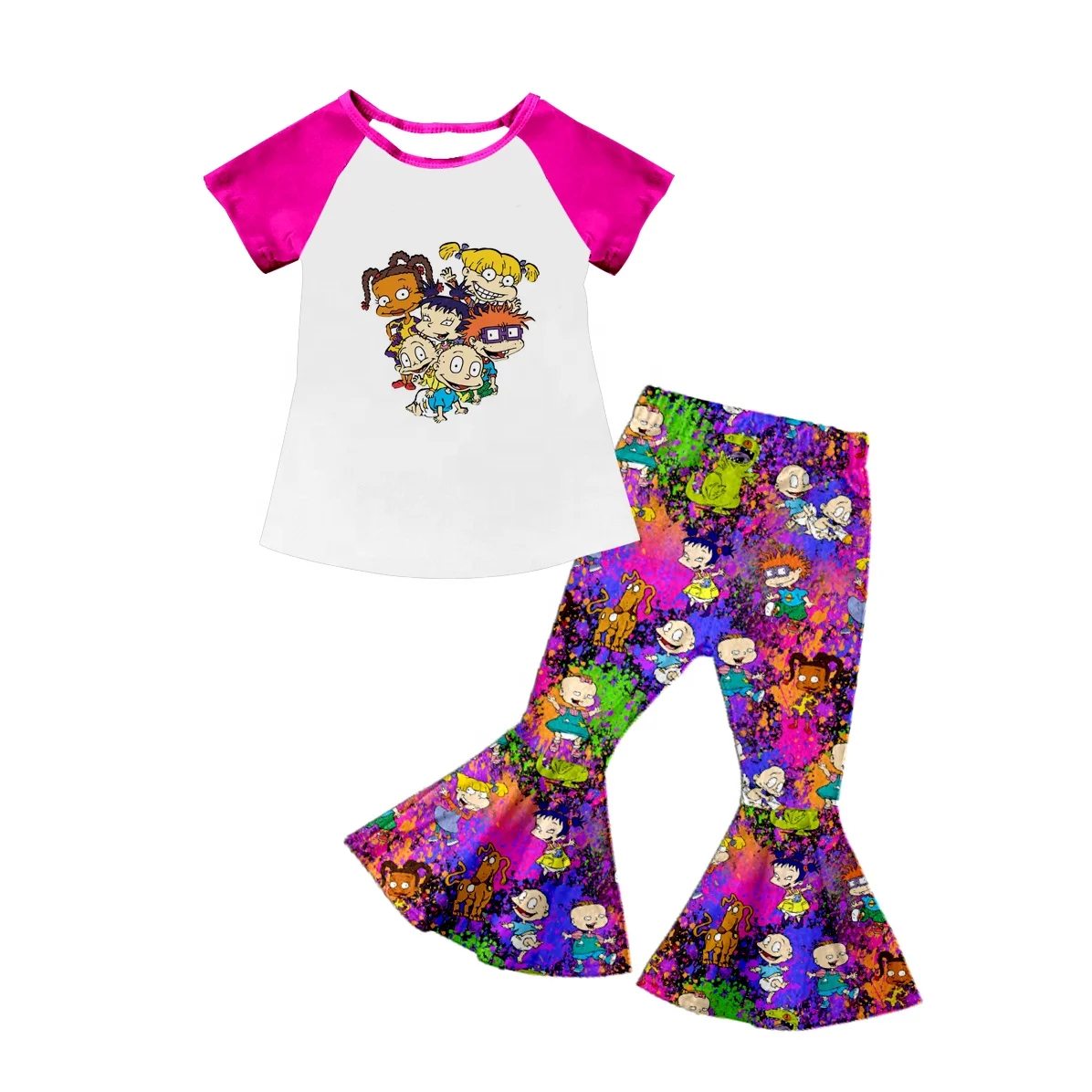 

2020 New Arrival Fall Winter baby Girls Two Piece Cartoon Hot Pink Top and Pants Ruffle Cute Baby Girls Hallowmas Boutique Set, As the picture