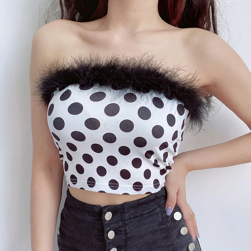 

B51755A Winter new style lady sexy dot printed fur patchwork fashion crop top, White