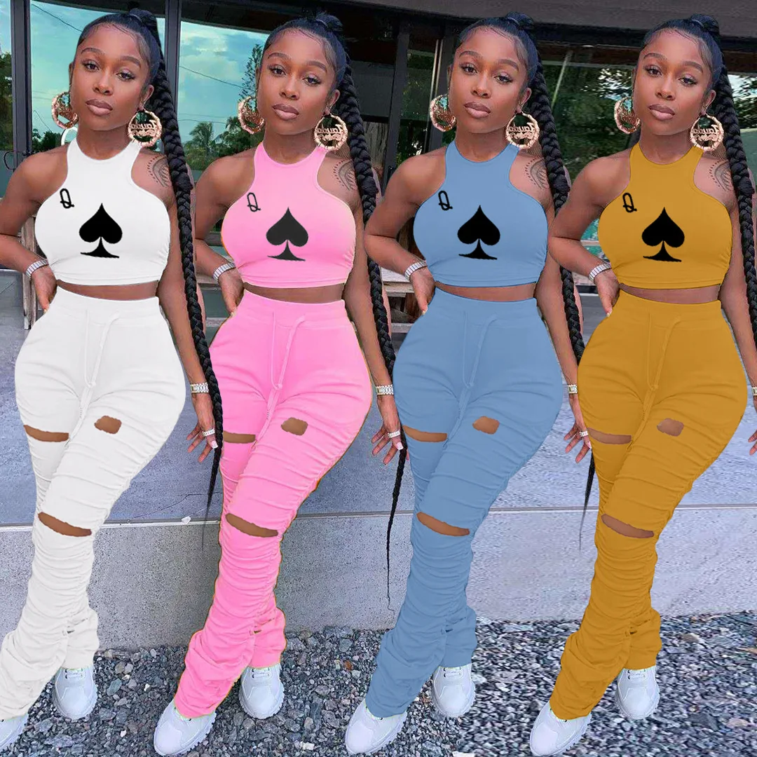 

New stylish 4 colors cartoon poker cards letter print crop top + slim long pants two piece outfit 2 piece clothing set, Picture color matching clothing sets