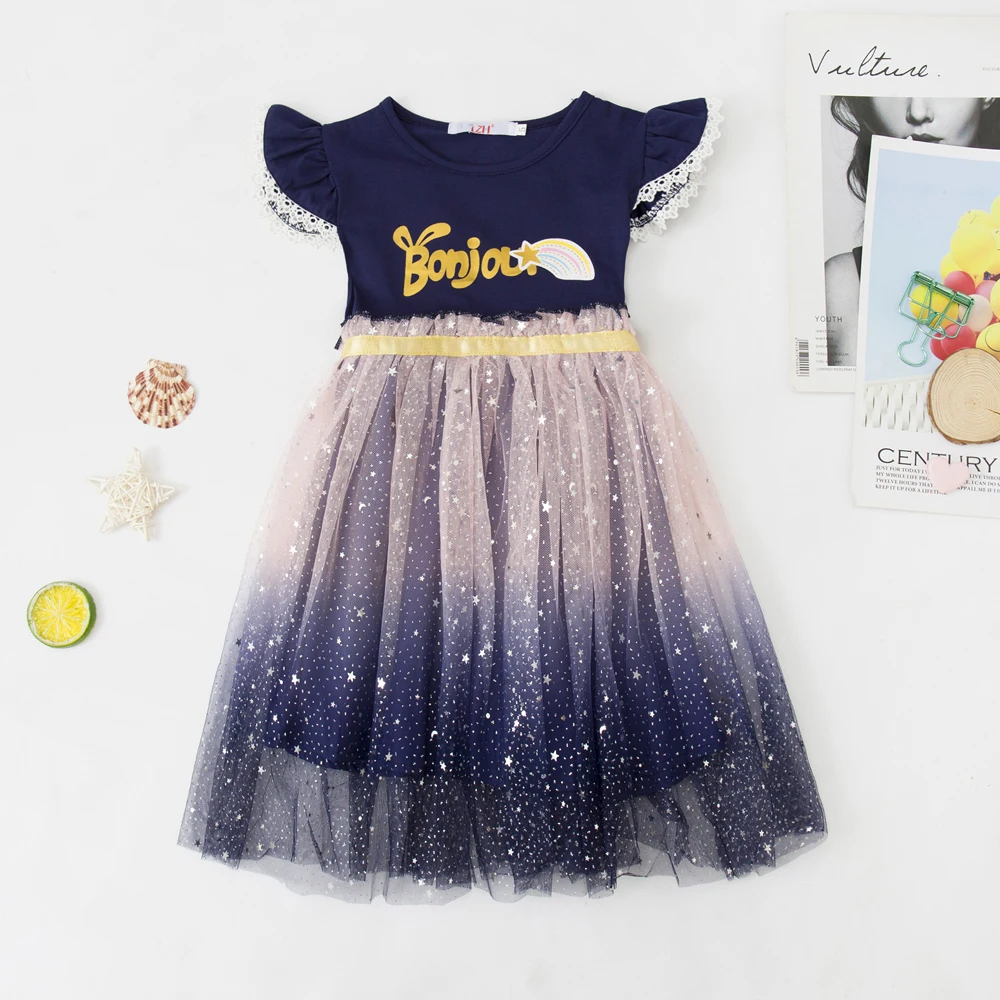 

LZH Summer Fashion Stitching Mesh Princess Dress For Children' Clothes Girls Costume 2021 New Kids Clothing for 3-8 Year Dress, Navy blue