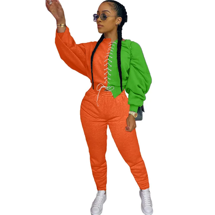 

New women leisure fashion sexy plus size long sleeve bandage stitching color hoodies crop top long pants two piece suit