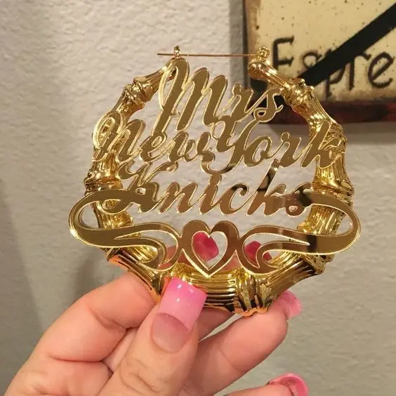 

Personalized Name Font Bamboo Hoop Earrings Women's Acrylic Laser Customized Name Earrings, Gold, silver, rose gold