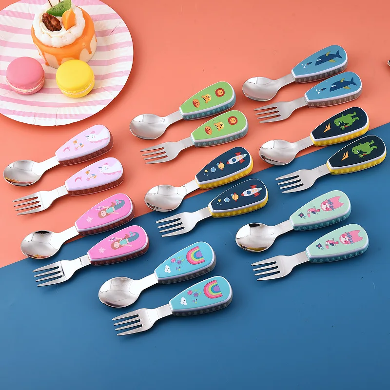 

Toddler Utensils Set Stainless Steel 304 Safe Flatware Set Fun Cartoon Design Children Spoon and Fork with Case Silverware Set