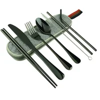 

Hot Reusable utensils portable travel black color titanium cutlery tableware set with knife fork spoon straw chopsticks brush