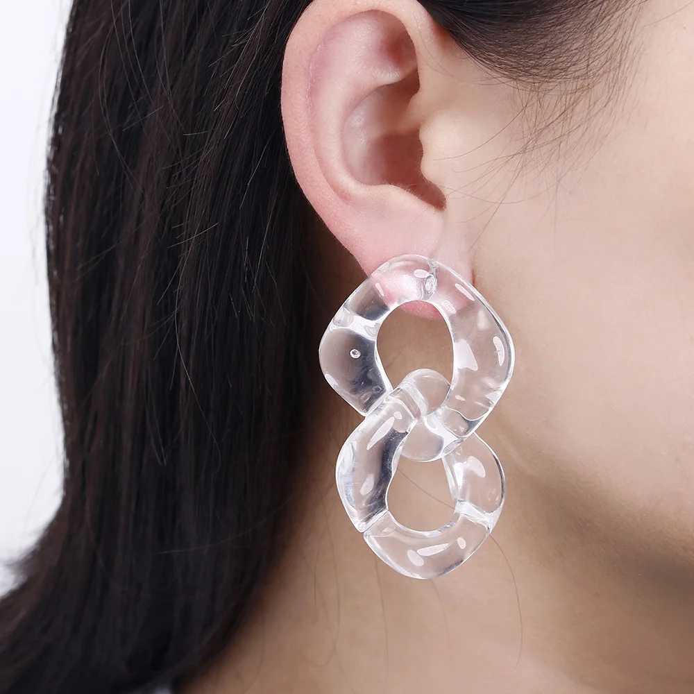

Gift Fashion Acetic Acid Women Geometric Girls Gift Two Rings Transparent Acetate Acrylic Link Stud Drop Earrings, White,transparent