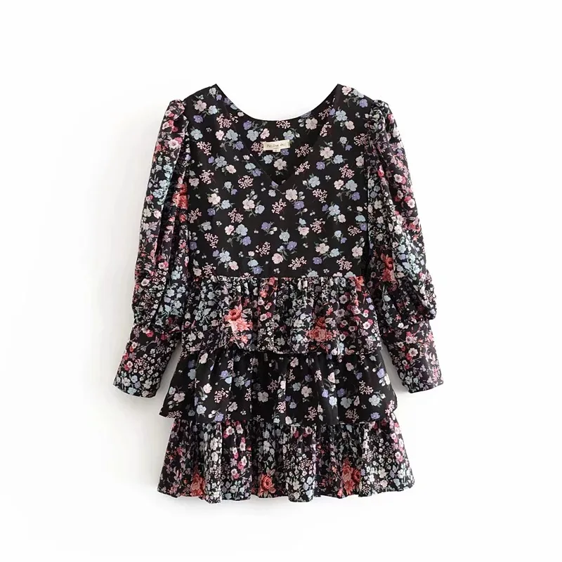 

2020 New Arrival summer beach short sleeve v-neck ruffles scollop print women ladies mini dresses