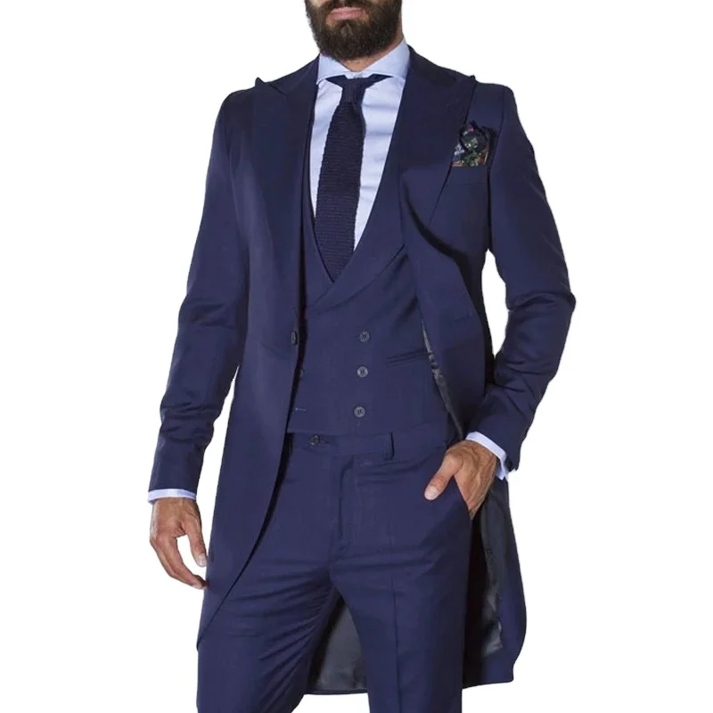 Navy Blue Long Tailcoat Suits for Men Custom Made Wedding Groom Tuxedos Male Fashion Blazer 3 Pieces Set Groomsmen Costume
