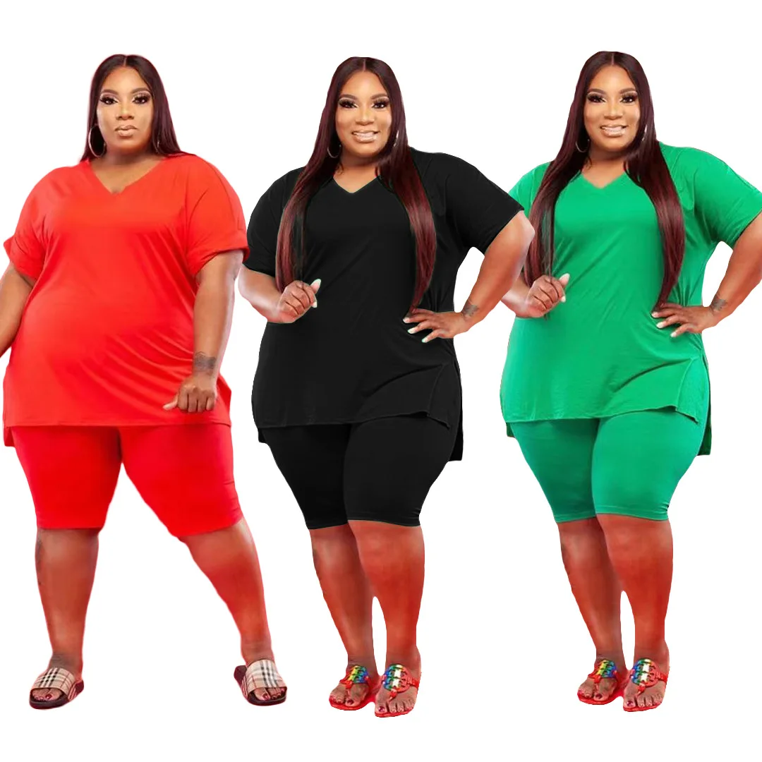 

Fashion 2021 Plus Size Women Clothing V-Neck  Solid Color Casual Two Piece set Plus Size Women, Green black red