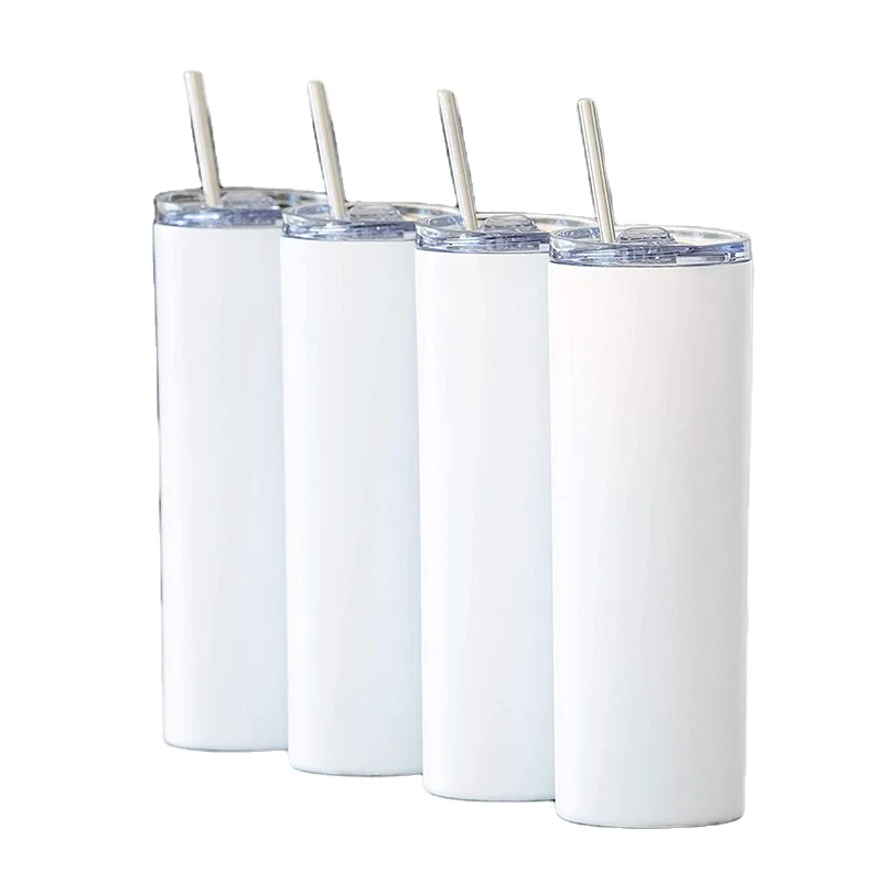 

2021 New Arrival 20oz 30oz Double Wall Stainless Steel Skinny Tumbler Sublimation Blanks With Stainless Steel Straw, Silver,white