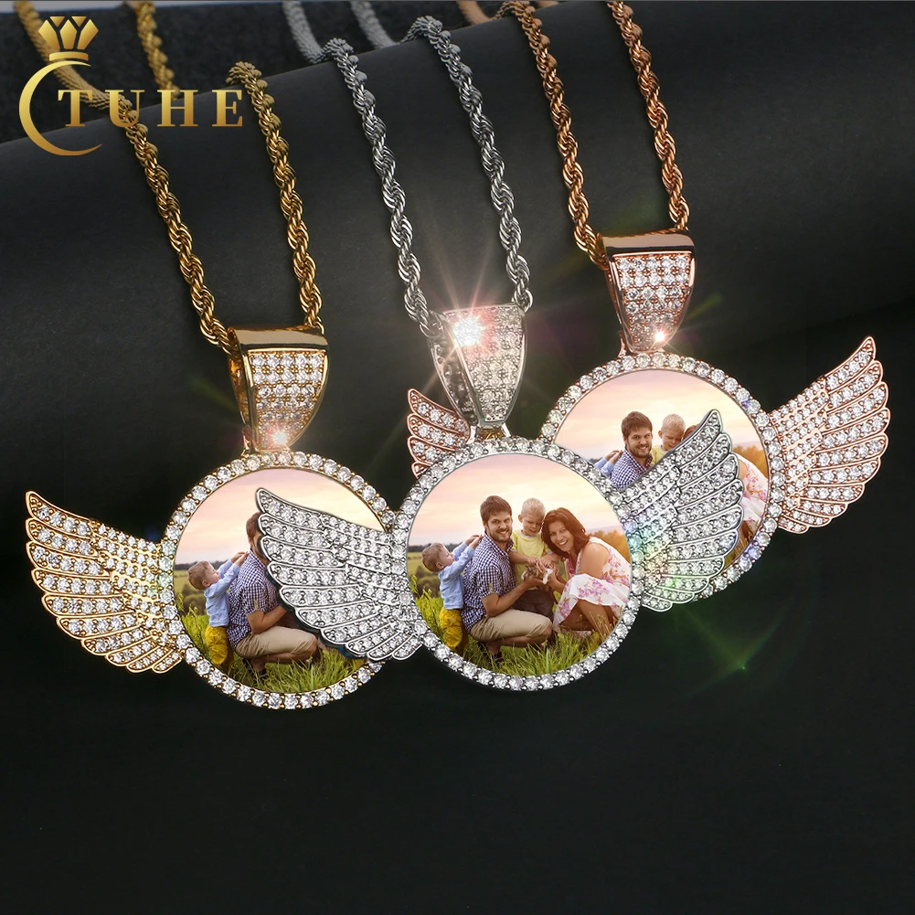 Wholesale Trendy Memory Jewelry Custom Picture Gold Plated Brass Prong Setting AAAAA CZ Diamond Iced Out Wing Photo Pendant
