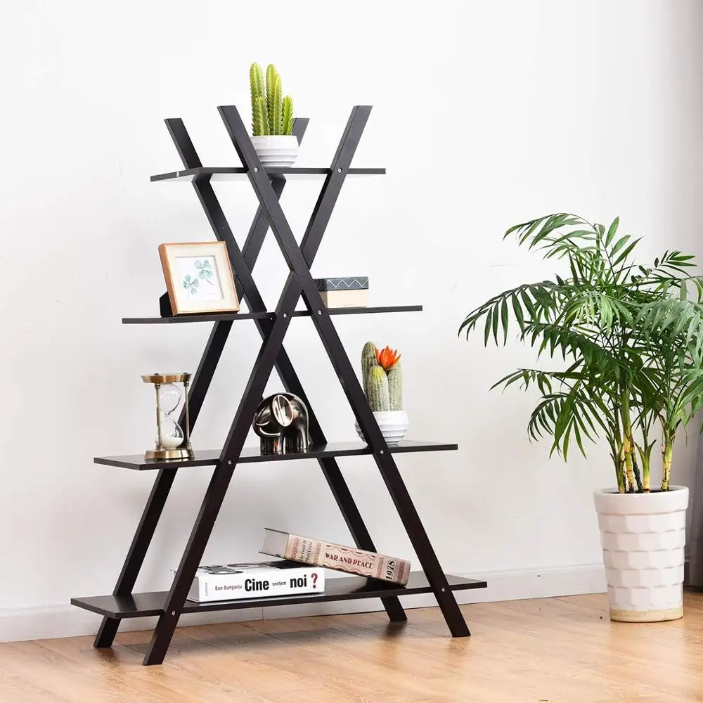 
4 Tier Bookshelf Storage Shelves Bookcase Ladder Shelf Home Office X-Shape Potted Plant or Flower Rack Display Shelves 