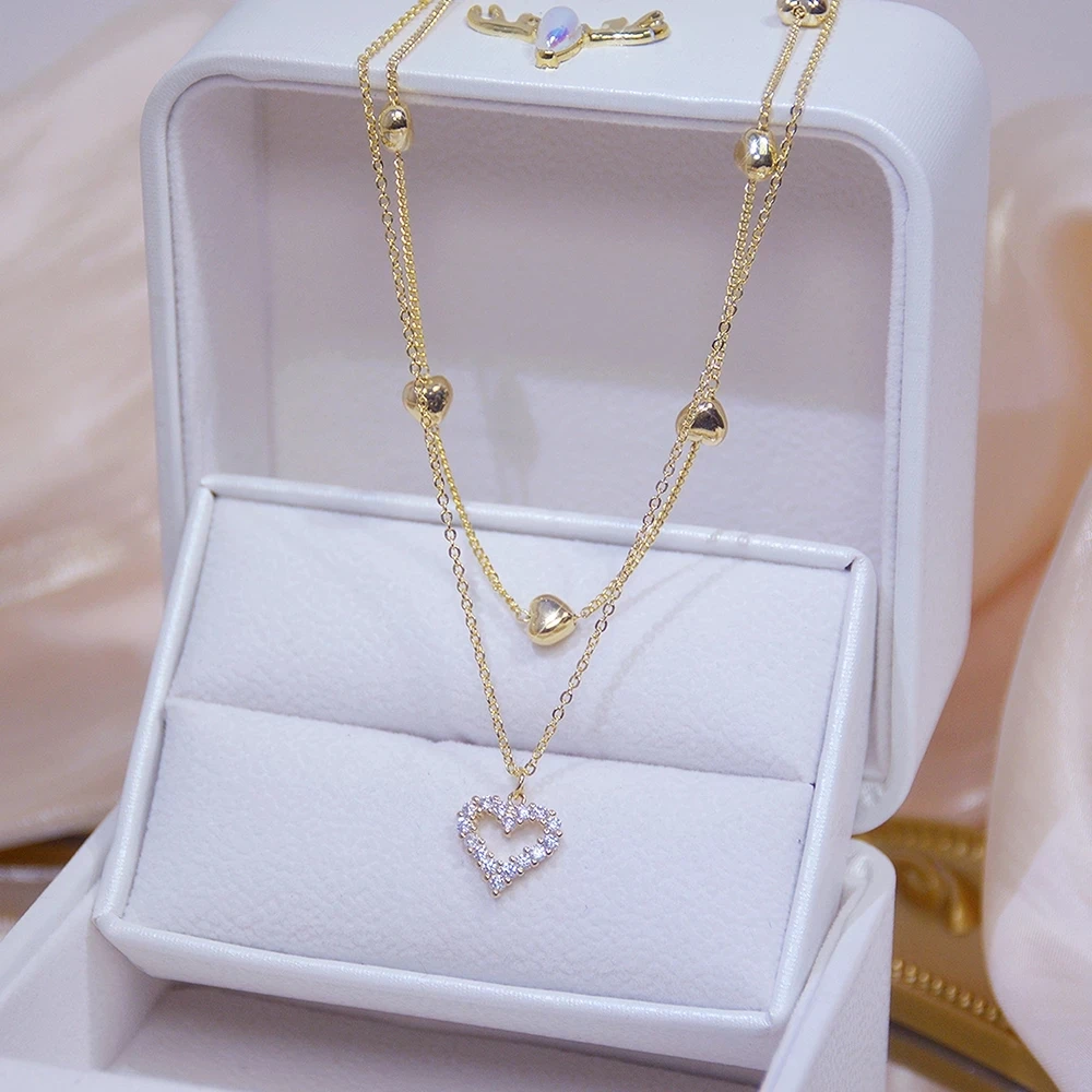 

Ins Luxury 14k Real Gold Cubic Heart Necklace Double layer Clavicle Chain Heart Pendant Necklace For Engagement