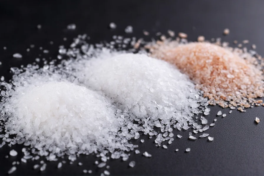 Close-up comparison of different salt varieties including kosher salt, sea salt crystals, and fleur de sel on dark background
