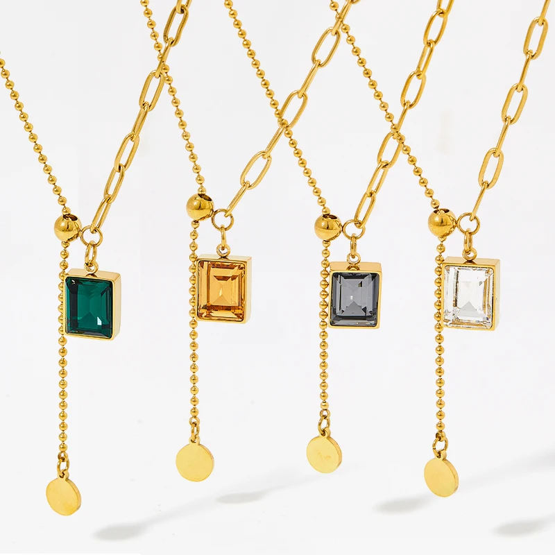 

Square Green Zircon Pendant Fashion Y Shape Necklace Women Stainless Steel Necklace