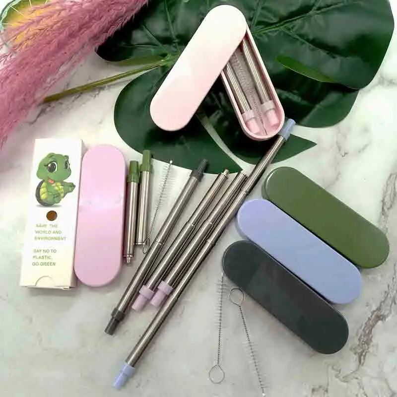 

Best selling promotional price telescopic stainless steel cup with straw kit, Pink,blue,purple,green,black