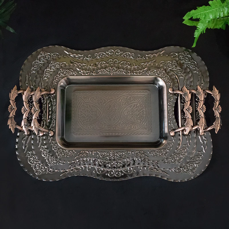 

Luxury Stainless Steel 3 Pieces Set Emboss Retro Craft Arabic Serving Tray With Handle