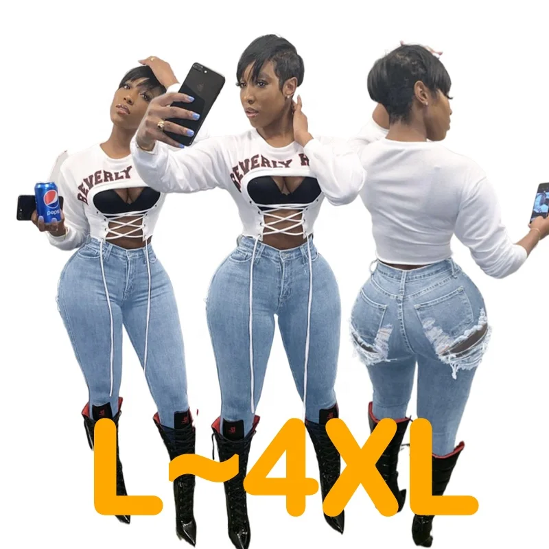 

Amazon Hot Sale Fashion Style Girls Sexy Women Clothing Denim Skinny Ripped Plus Size Pants & Jeans