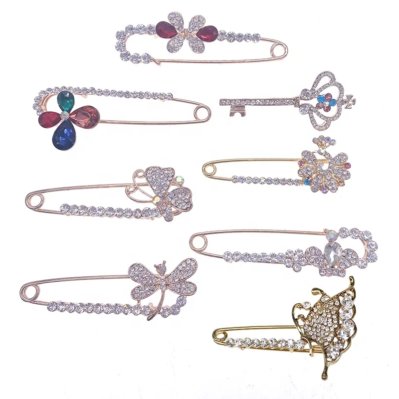 

New Style Various shapes Rhinestone Safety Pin Plating Gold Brooch, Picture