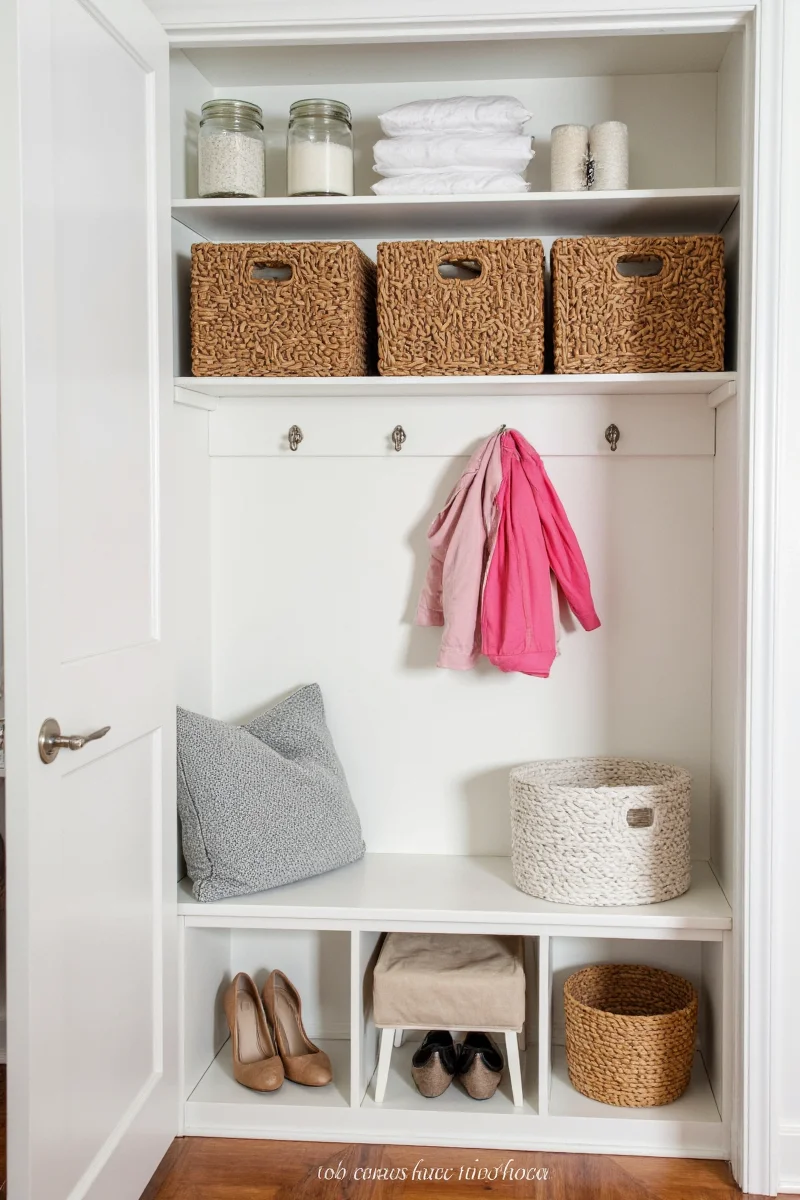 Collage of must-have mudroom pantry items