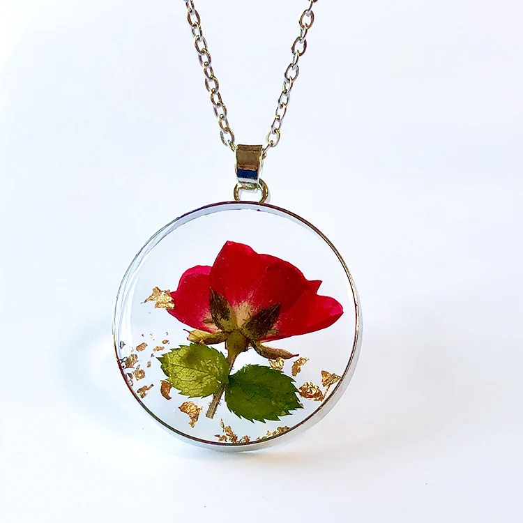 Ivy mother's Day gift real rose necklace with gold foil resin jewelry stainless steel jewelry women