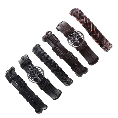 

PinXun 6Pcs/ Set Braided Wrap Leather Bracelets for Men Vintage Life Tree Rudder Charm Wood Beads Ethnic Tribal Wristbands