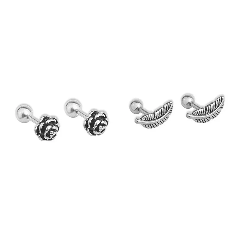 

Bulk Fashion Men Women Stainless Steel Stud Earrings Vintage Feather Leaf Flower Earrings Ear Bone Piercing Jewelry Earrings